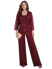 preiswerte Unter 129,99 $-Hosenanzug Brautmutter Kleid Hochzeitsgast Elegantes Quadrat-Ausschnitt Bodenlang Polyester Spitze Lange Ärmel mit einfarbigem Material