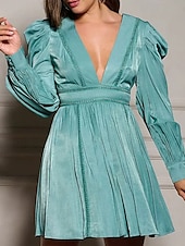 preiswerte Abschlusskleider-Damen Minikleid Abschlusskleid Freizeitkleid Sommerkleid Mode Modern Puffärmel Outdoor Ferien Date Normale Passform Einfach Langarm Tiefer V-Ausschnitt Grün Sommer