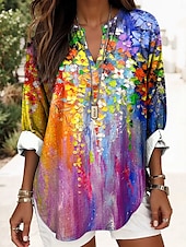 billiga Kvinnors Konst &amp; Design Toppar-Kvinnors Boho Blus Blommig Grafisk Abstrakt Elegant Daglig Lång Ärmar V-Hals Regular Toppar Dagligt Tryck Röd Blå Lila Grön Sommer Vår