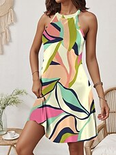 abordables Robes fleuries-Femmes Mini Robe Robe d&#039;été Vacances Occasionnel Quotidien Coupe régulière Graphique Géométrique Abstrait Sans manches Col Halter Jaune Été