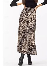 ieftine Fuste grafice-Pentru femei Fustă Casual Maxi Talie Medie Fuste Leopard Imprimeu Micro-elastic Vacanță Stradă Alb Maro Bej Vară Mătase ca satinul