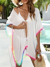 cheap Beach Dresses-Women&#039;s Swimsuits Cover Up Swim Dress Swimsuit Fringe Hem Vacation Beach Wear Solid Color V Neck Short Sleeves Bathing Suits