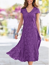 voordelige Thee Lengte-Strandbruiloft Sheath Moeder van de Bruid Jurk Bruiloft Gast Elegant Party Petite V-hals Thee Lengte Kant Korte Mouw met Plissee Effen Kleur gratis maatwerk
