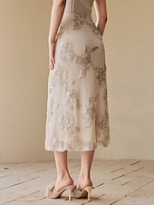 baratos Comprimento do chão-Vestido de Mãe da Noiva em Renda Bordada Floral  Coluna Conjunto Elegante Simples Minimalista Decote Redondo Comprimento do Chá Tule com Mangas Curtas Vestido para Convidada de Casamento 2025
