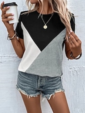 abordables T-shirt rayé et géométrique-Femmes Chemisier Géométrique Occasionnel Chaussures de plage Manche Courte Col ras du cou Hauts Réguliers Quotidien Imprimé Rose Claire Fuchsia Vert Gris Été Printemps