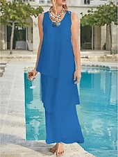 economico Lunghezza del pavimento-Matrimonio in Spiaggia Abito Madre della Sposa Linea A Ospite di Matrimonio Elegante Semplice Collo a V Lunghezza Caviglia Chiffon Senza Maniche con Strati Colore Solido 2025 misura personalizzata