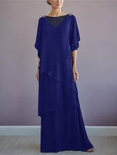 voordelige Vloerlengte-ts strand bruiloft a-lijn moeder van de bruid jurk formele bruiloft gast elegante bateau hals vloer lengte chiffon halve mouw met ruches drapering laag 2025