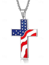 economico Gioielli da uomo-Collana con ciondolo a croce con bandiera americana da uomo – tonalità oro e argento con design della bandiera degli Stati Uniti, elegante e alla moda per un abbigliamento casual e di tendenza.