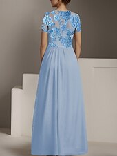 cheap Mom&#039;s Jumpsuits-Blue Jumpsuit / Pantsuit Satin Floral Lace Mother of the Bride Pantsuit Elegant Simple Minimalist Crew Neck Floor Length Chiffon Lace Short Sleeve