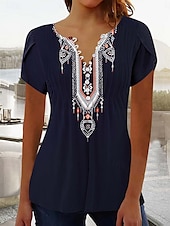 billige Blomster t-skjorte-Dame Bluse Blomstret Grafisk Stilfull Fritid Kortermet V-hals Vanlige topper Daglig Knapper Trykt mønster Svart Gul Rosa Grønn Sommer