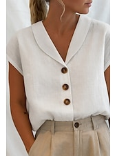 cheap Shirts-Women&#039;s Shirt Cotton Linen Shirts Linen Shirt Button Up Plain Daily Basic Casual Short Sleeve V Neck Regular Tops Daily Holiday Going out Buttons White Summer