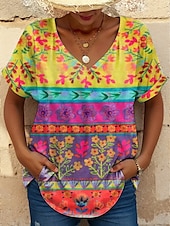 billige Boho t-skjorte-Dame T skjorte Grafisk Geometrisk Fargeblokk Stilfull Fritid Kortermet V-hals Vanlige topper Daglig Ut på byen Helg Trykt mønster Gul Rosa Lilla Sommer Vår