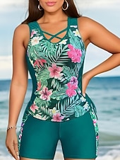 baratos Tankinis-Mulheres Roupa de Banho 2 partes Calção roupa de banho Com Cordão Férias Roupa de Praia Gráfico Flor Decote U Sem Manga Fatos de banho