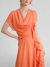 abordables JAUNE-Robe de cocktail jaune élégante en crêpe extensible à volants froncés, longueur au sol, manches 3/4, col en V, pour invité de mariage, 2025