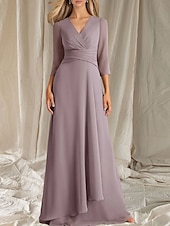 cheap Floor Length-A-Line Mother of the Bride Dress Wedding Guest Elegant V Neck Floor Length Chiffon 3/4 Length Sleeve with Tier Ruching 2025