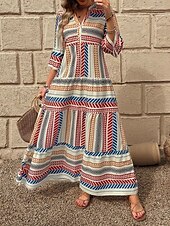 billige Boho-kjoler-Dame Maxikjole Solkjole Kjole med A-linje Fit And Flare Dress Ferie Fritid Bohem utendørs Fest Ut på byen Normal Grafisk Geometrisk Stamme Ermeløs V-hals Rød Blå Grønn Sommer Vår