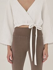 billige Skjorter-Dame Linskjorte Bluse عادي Fritid Langermet V-hals Crop Tops Daglig Ut på byen knyte foran Hvit Gul Brun Sommer