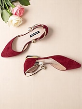 cheap Women's Flats-Women's Burgundy Pointed Toe Flats – Suede Shoes with Pearl Anklet Strap for Elegant Daytime Dates