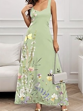 preiswerte Blumenkleider-Damen Maxikleid A Linie Kleid Sommerkleid Schulterfreies Kleid Urlaub Lässig Party Date Normale Passform Blumen Grafik Ärmellos Quadrathals Weiß Blau Grün Dunkelblau Sommer Frühling