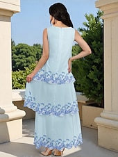 preiswerte Bodenlänge-Sheath  Säule Brautmutterkleid Elegant Einfach Rundhals Bodenlänge Chiffon Spitze Ärmellos mit bestickten Spitzen fallenden Rüschen
