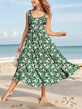 ieftine Rochii florale-Pentru femei Rochii Midi Rochie de Vară Rochie A line Rochie cu umeri Elegant Vacanță Casual Fit regulat Floral Grafic Fără manșon În U Scoateți gâtul Roșu Vin Albastru piscină Trifoi Vară Primăvară