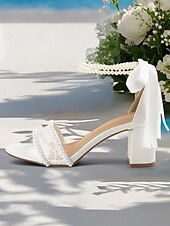 cheap Wedding Sandals-Women&#039;s White Bridal Sandals with Lace and Pearl Detailing, Block Heel Design for Beach Weddings and Summer Ceremonies