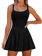 cheap Women&#039;s Tennis Dress-US Open Women&#039;s Tennis Dress with Shorts Sports Dress Sleeveless Pleated Breathable Tennis Golf Pickleball Square Neck Solid Colored Dress Black Blue Dark Green Tennis Clothing