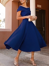abordables Robes de cocktail-Robes de cocktail en A mariage à la plage robe élégante longueur thé sans manches épaule dénudée invité d&#039;automne tissu extensible avec fente froncée robes Derby 2025