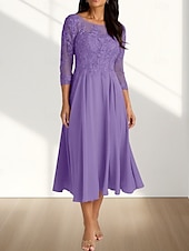 abordables Longueur du thé-Robe Mère de la Mariée A-Line Invité de Mariage Élégante Col Arrondi Longueur Thé Chiffon Manches 3/4 avec Plis Appliques Robe Midi 2025