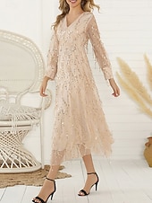 olcso Ruhák végzős bálra-A-vonal quinceanera ruhák elegáns ruha hivatalos esküvő tea hosszúságú hosszú ujjú V-nyakú pamut keverék hát nélküli csillámos flitteresen és bojtokkal