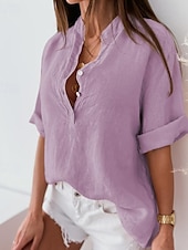 abordables Camisas-Mujer Camisa Color sólido Plano Bohemia Diario Elegante Manga 3/4 Cuello Alto Tops regulares Diario Festivos Noche Botones Negro Rosa Azul Piscina Morado Verde Trébol Verano Primavera