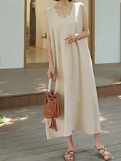economico disegnare abiti in cotone e lino-Per donna Abito Midi Abito in cotone e lino Classico Vacanza Quotidiano Uscire Vestibilità regolare Semplice Senza Maniche Scollo a V Marrone Albicocca Estate