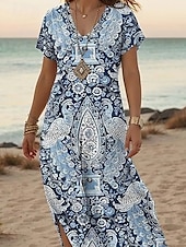 abordables Robes Boho-Femmes Robe maxi Robe d&#039;Été Robe trapèze Vacances Occasionnel Boho Sortir Plage Coupe Ample Fleuri Graphique Géométrique Manche Courte Col en V Bleu Été Printemps
