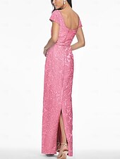 cheap Cocktail Dresses-Pink Jacquard Floral Column Evening Gown Elegant Dress Formal Wedding Ankle Length Short Sleeve V Neck Nylon with Floral Print Slit Pocket Wedding Guest Dress
