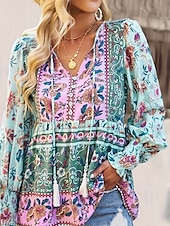 billige Boho topper-Dame Boho skjorte Bluse Blomsternål i krystall Fritid Bohem Langermet V-hals Vanlige topper Ferie Ut på byen Trykt mønster Grønn Sommer