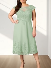 abordables Longueur du thé-Robe Mère de la Mariée A-Line Invité de Mariage Élégante Col Ronde Mi-Longue en Chiffon À Manches Courtes avec Appliques Robe Midi 2025
