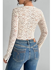 preiswerte Spitzenoberteile-Damen Bluse Spitzentops Einfach Modern Langarm V Ausschnitt Crop Tops Täglich Ferien Ausgehen Spitze Beige Sommer
