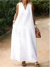 preiswerte Abschlusskleider-weißes Damenkleid Baumwoll-Leinen-Kleid Maxikleid Urlaubskleid Freizeitkleid modern Alltag Wochenende Regular Fit schlicht V-Ausschnitt Sommer Frühling