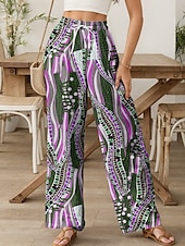 preiswerte weites Bein und hohe Taille-Damen Weites Bein Chinos Baggy-Hosen Urlaub Vintage Mode Volle Länge Hohe Taille Grafik Geometrisch Abstrakt Drucken Atmungsaktiv Weich Mikroelastisch Formell Outdoor Urlaub Karminrot Violett