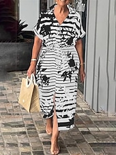 abordables Robe Fleurie-Femmes Robe maxi Robe trapèze Robe d&#039;été Occasionnel Quotidien Coupe régulière Fleuri Graphique Rayé Manche Courte Col en V Noir Blanche Jaune bleu marine Été