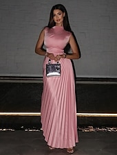 cheap PINK-Pink A-Line Evening Gown Elegant Dress Formal Floor Length Sleeveless Halter Neck Pocket Satin with Ruched