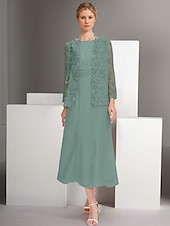 cheap With Jacket-Blue Pink Two Piece A-Line Dress Sets Mother of the Bride Dress Elegant Crew Neck Ankle Length Chiffon Long Sleeve Jacket Dresses with Lace Embroidery 2025