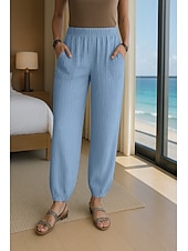 economico Pantaloni in lino e cotone semplici-Per donna Pantaloni in cotone e lino Comfort Lunghezza intera Vita Alta Semplice Tasca Fascia Elastica Comodo All&#039;aperto Confortevole Streetwear Abbigliamento quotidiano Uscire Nero Bianco Blu marino