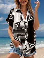 cheap Stripe&amp;Geometric Tops-Women&#039;s Shirt Graphic Geometric Striped Vintage Tropical Daily Sleeveless Short Sleeve Cap Sleeve Shirt Collar Regular Tops Daily White Camel Summer Spring