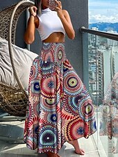 preiswerte Grafische Röcke-Damenrock Maxirock A-Linie Swing Mode Legere Maxirocken Hochtaillierte Blumenmuster Dehnbar Straße Alltag Schwarz Rot Blau Lila Sommer Polyester