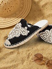 cheap Vacation Sandals-Women&#039;s Luxury Pearl Embellished Black Slide Sandals – Elegant Boho Summer Flats for Beach Weddings, Vacations, Festivals, and Resort Wear