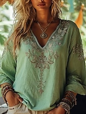 abordables Tops Boho pour Femmes-Femmes Chemisier Fleuri Graphique Paisley Bohème ancien Tropical Manche 3/4 Col en V Hauts Réguliers Froncé Broderie Imprimé Rose Claire Bleu Violet Vert Été Printemps