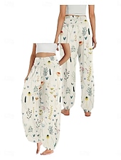 billiga Grafisk linnebyxa i bomull-Dam Linneinspirerade byxor Brett skaft Byxor Etnisk Stil Ledigt Boho Fullängd Hög midja Blommig Ficka Elastisk midja Tryck Mateial som andas Mjuk Microelastisk Utomhus Yoga Vit Ljusgrön Rosa Marinblå