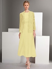 cheap With Jacket-Blue Pink Two Piece A-Line Dress Sets Mother of the Bride Dress Elegant Crew Neck Ankle Length Chiffon Long Sleeve Jacket Dresses with Lace Embroidery 2025