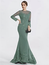 preiswerte SCHWARZ-Meerjungfrau Schwarzes Kleid Abendkleid Paillette Prom Kleid Funkelnd Formal Kleid Sweep  Brush Train Langarm Illusion Hals Spitze mit Applikationen Kleid für 2025 beeindrucken